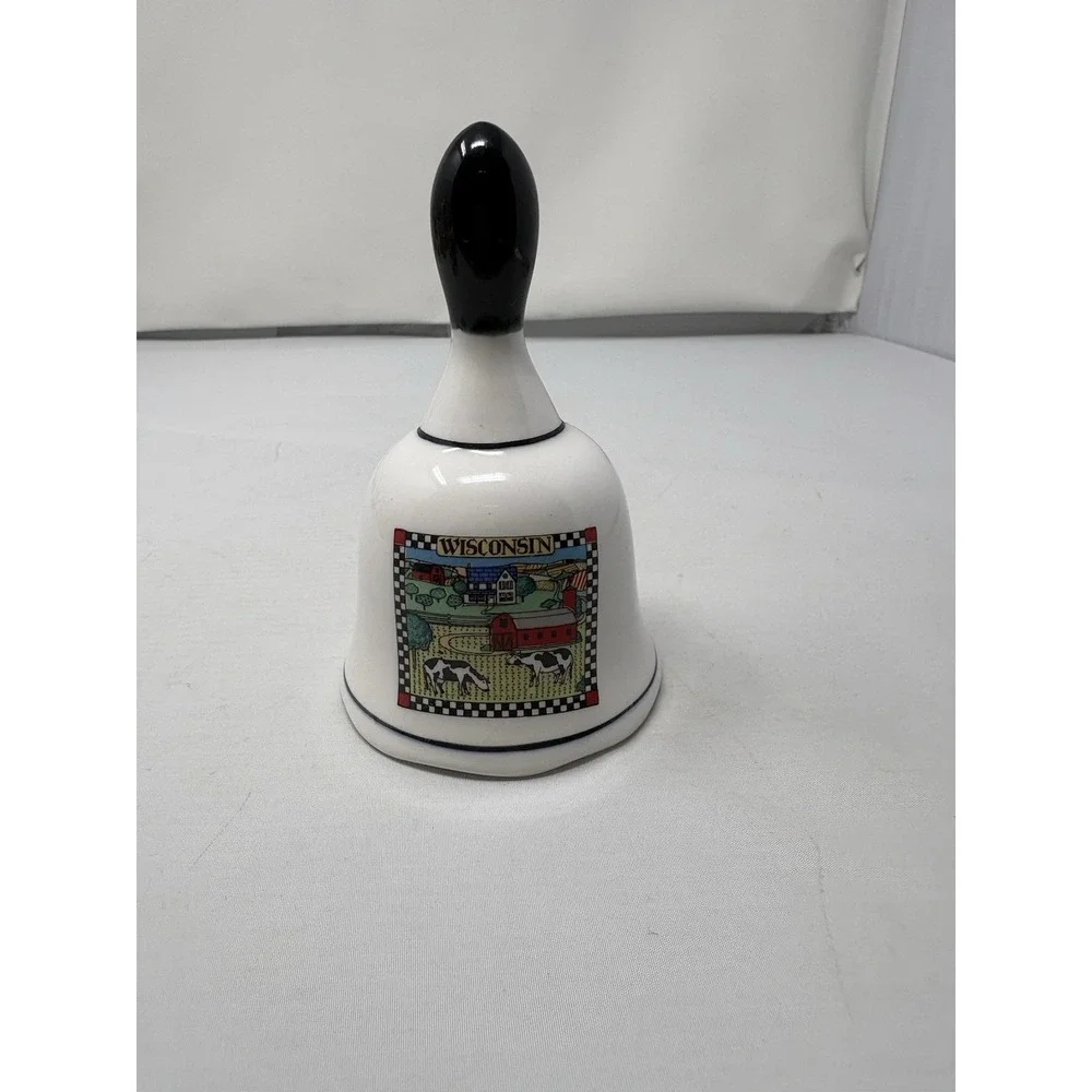 Vintage White W/Black Tip Porcelain Bell Wisconsin Farm Animals Country Cottage